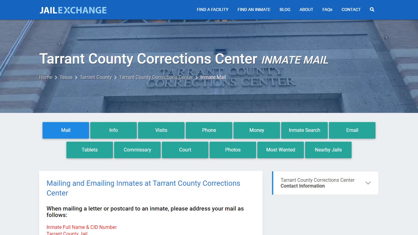 Inmate Mail - Tarrant County Corrections Center, TX - Jail Exchange